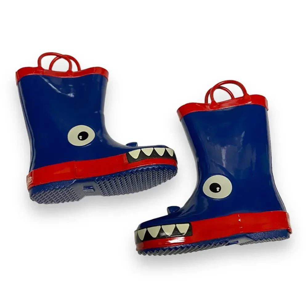 Wootie Boys Rain Boots Size 8 Blue Red White Crocodile Rubber‎ Puddle Stompers